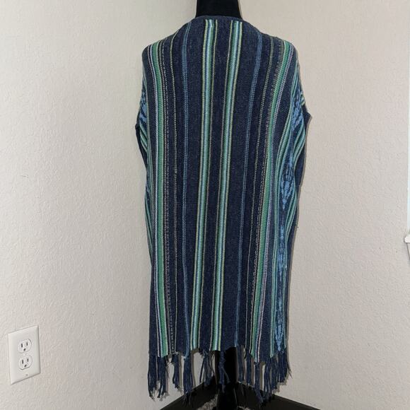Chaps Poncho Sweater Women's Medium Blue Striped Cotton Knit Fringe Boho Hippie - Picture 2 of 7